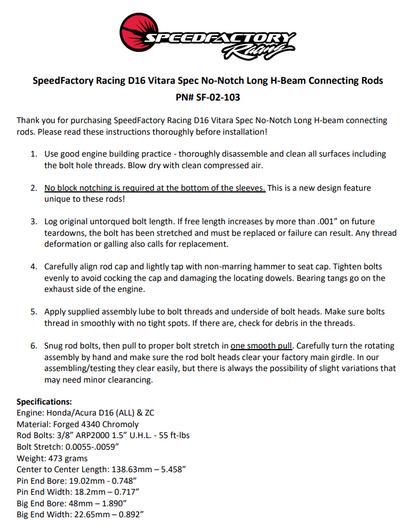 SpeedFactory Racing D16 Vitara Spec No-Notch Forged Steel H-Beam Long Connecting Rods